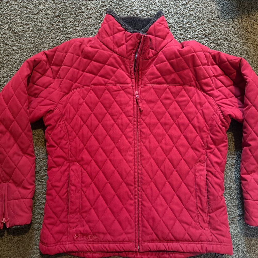 Columbia Deep Red Quilted Jacket with Faux Fur Collar